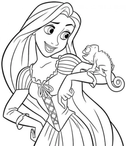 Hình tô màu rapunzel với Pascal trên vai