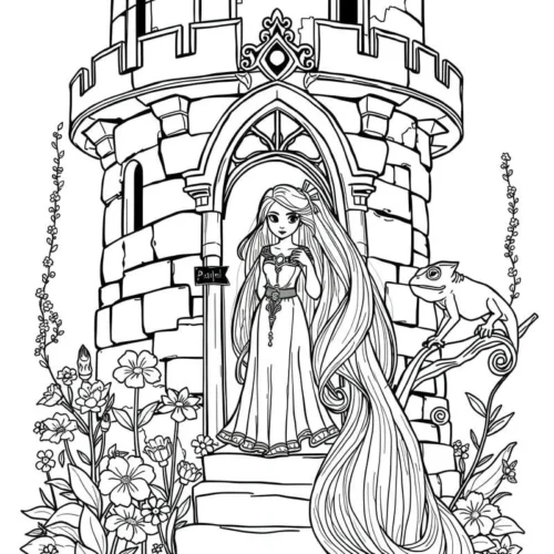 Hình tô màu rapunzel trước cửa tháp giữa hoa