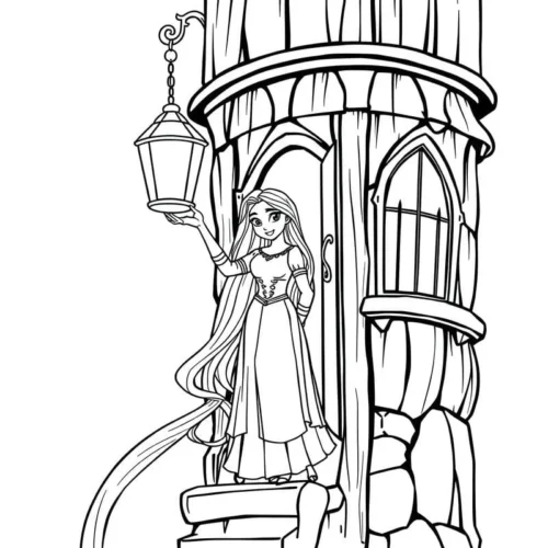 Mẫu tô màu rapunzel đứng trong tháp bên chiếc đèn