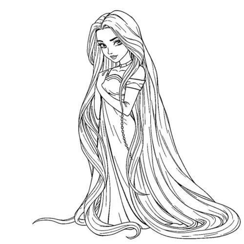 Hình tô màu rapunzel đứng thả tóc dài