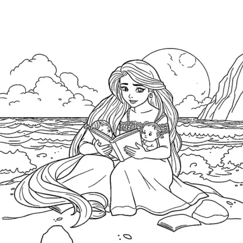 Mẫu tô màu rapunzel đọc sách bên bờ biển