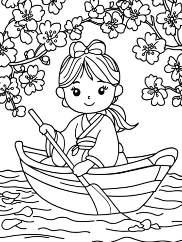 Hình tô màu bé gái tóc tết chèo thuyền