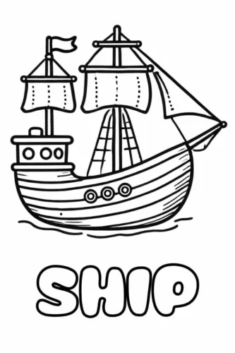 Mẫu tô màu thuyền buồm dưới chữ Ship