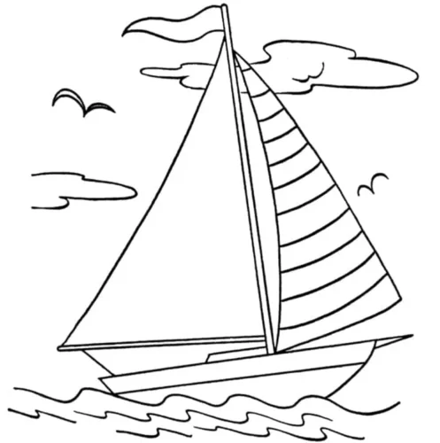 Hình tô màu thuyền buồm có chim bay