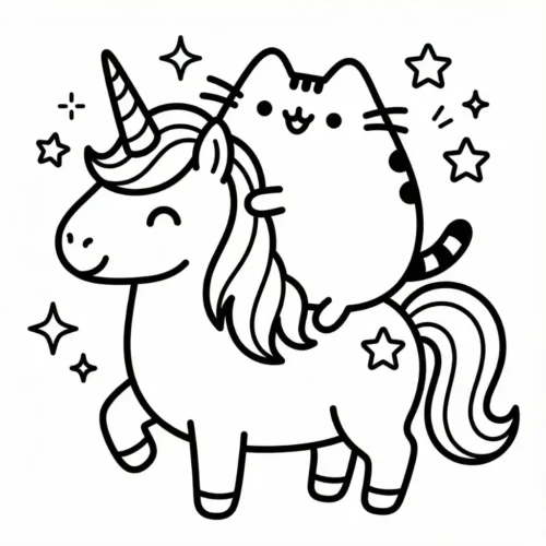 Tranh tô màu kỳ lân và mèo Pusheen