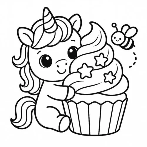 Kỳ lân ôm bánh cupcake bên ong