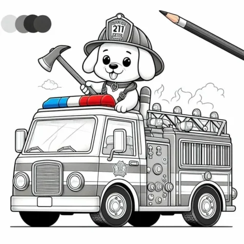 Chú chó cứu hoả cầm rìu trên xe