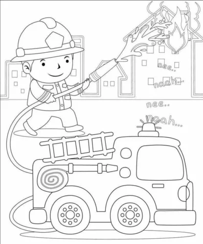 Tranh tô màu lính cứu hoả nhí và xe giữa nhà cháy