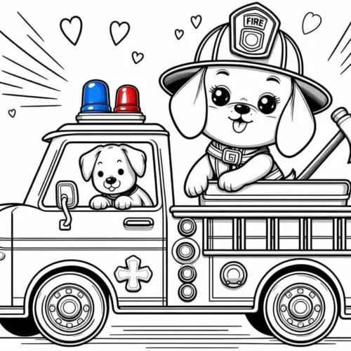 Mẫu tô màu chú chó cứu hoả lái xe giữa trái tim