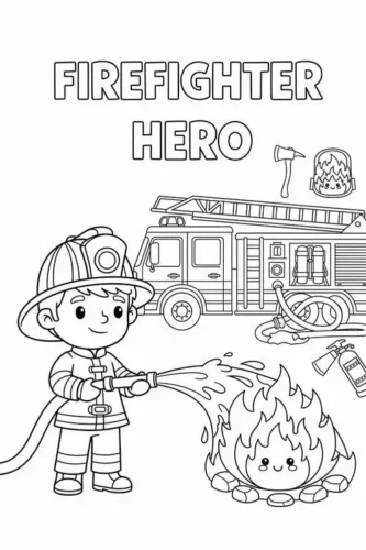 Lính cứu hoả nhí dưới chữ Firefighter Hero