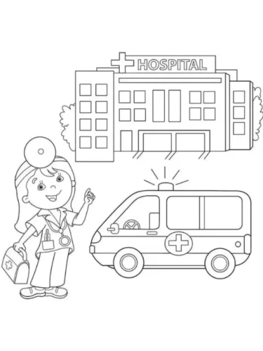 Mẫu tô màu cô bác sĩ và xe cứu thương trước bệnh viện