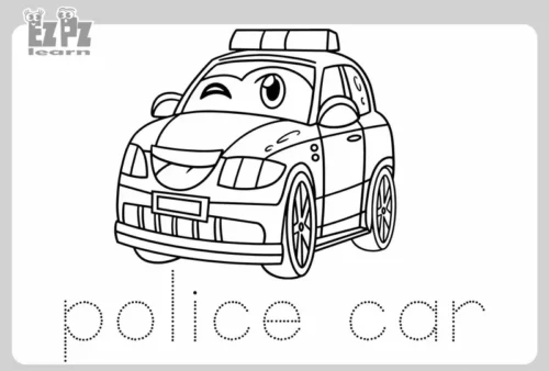 Tranh tô màu xe cảnh sát mặt cười dưới chữ police car