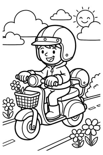 Cậu bé đội mũ bảo hiểm chạy xe máy nhỏ