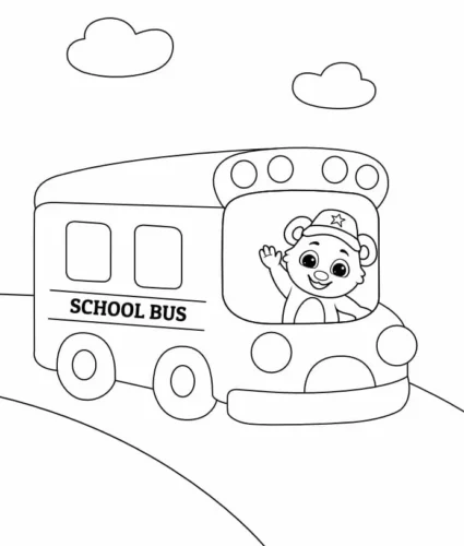 Mẫu tô màu gấu lái xe buýt trường học