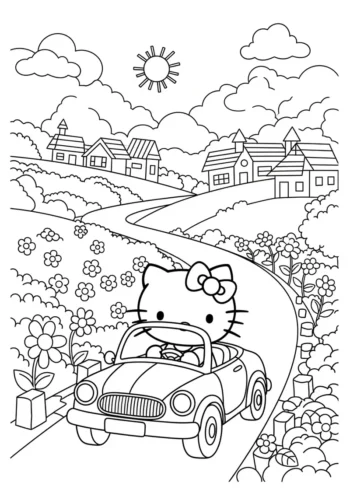Hello Kitty lái xe trên đường quê