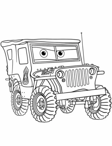 Tranh tô màu xe jeep hoạt hình bánh to