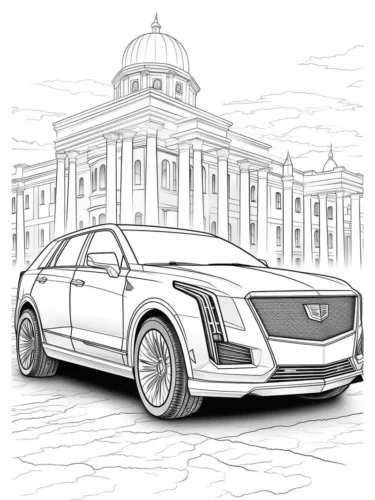 Tranh tô màu xe SUV trước toà nhà mái vòm