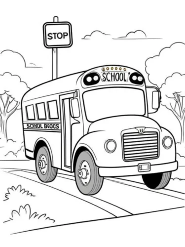 Mẫu tô màu xe buýt trường học dừng ở biển STOP