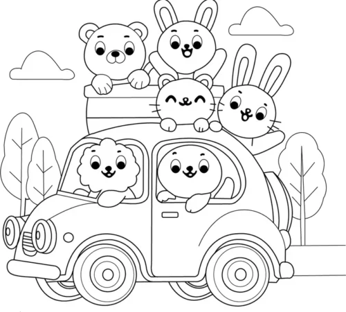Tranh tô màu ô tô chở các bạn thú